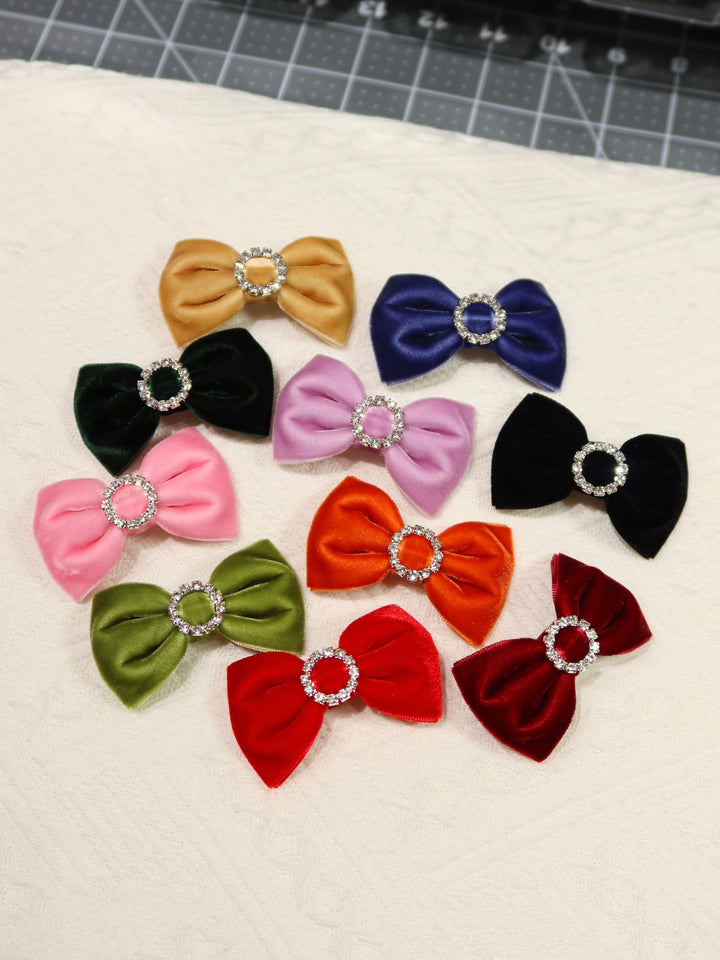 Mini Bow Hair Clips | Velvet Rhinestone Clips