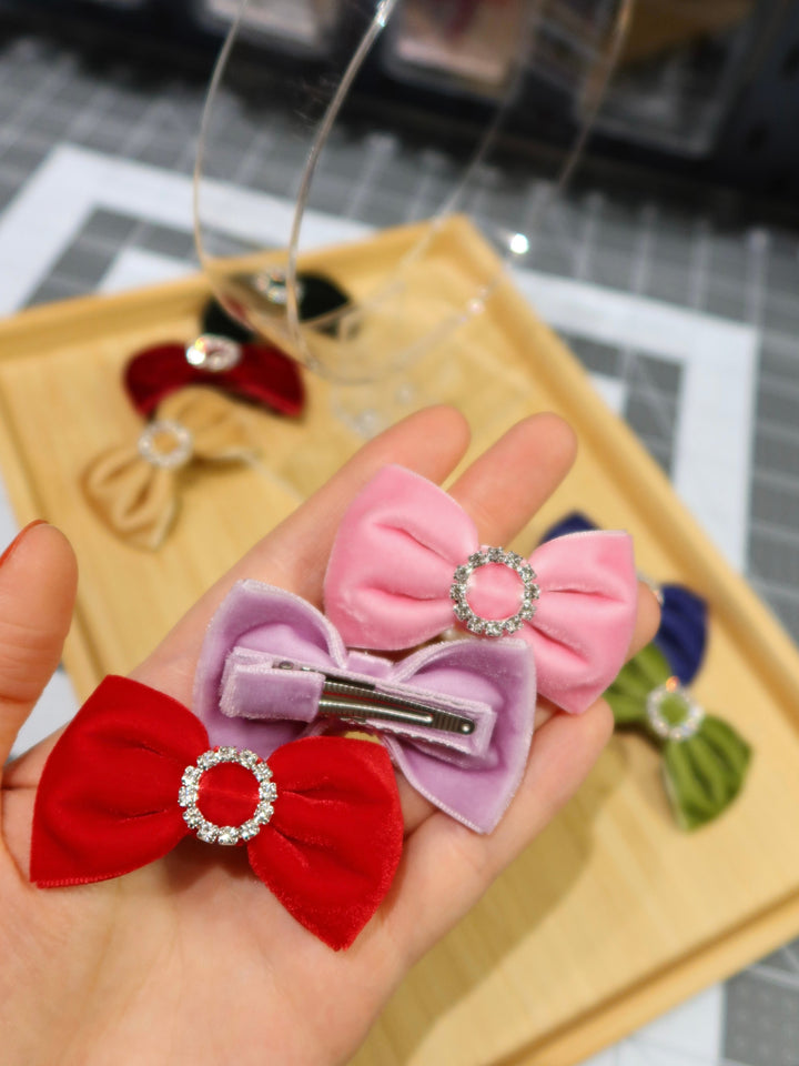 Mini Bow Hair Clips | Velvet Rhinestone Clips