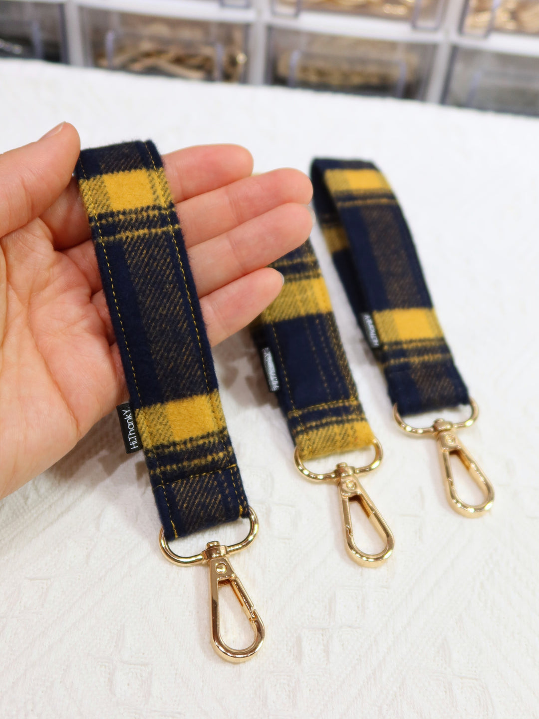 Wristlet Keychains | Yellow Ink Blue Plaid Fabric Keychains