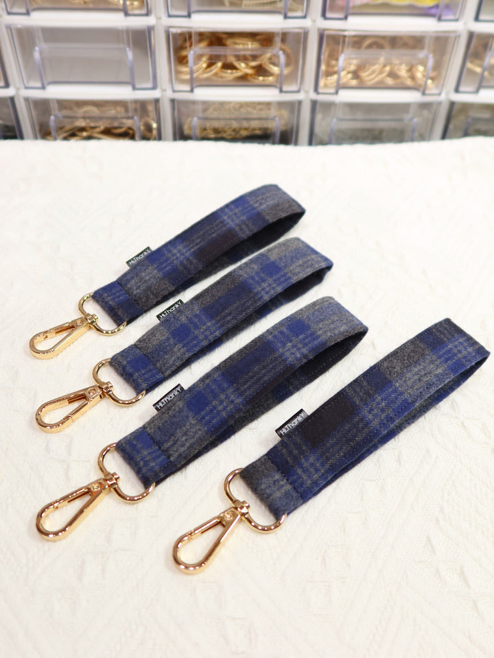 Wristlet Keychains | Gray Navy Plaid Fabric Keychains