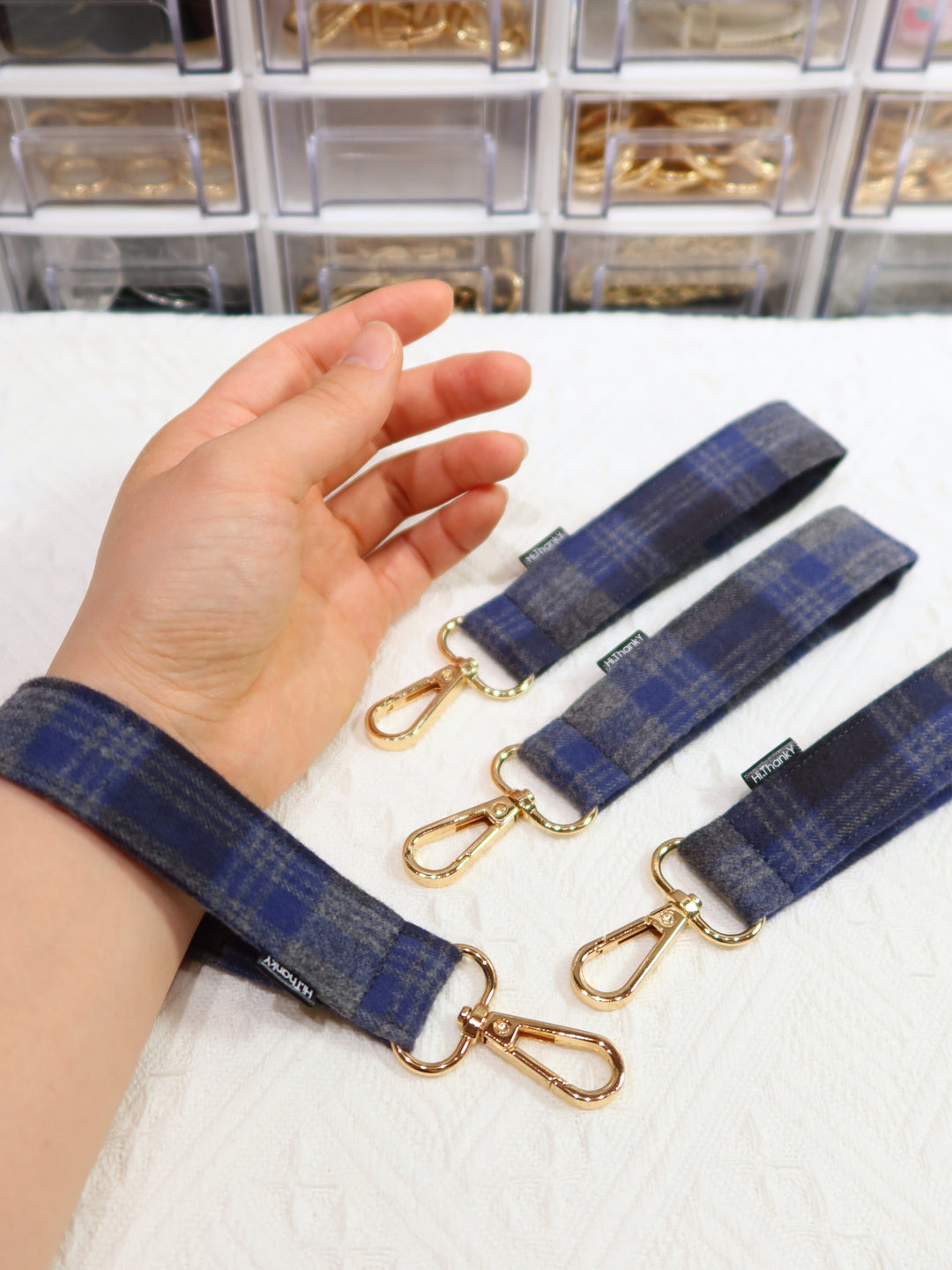 Wristlet Keychains | Gray Navy Plaid Fabric Keychains