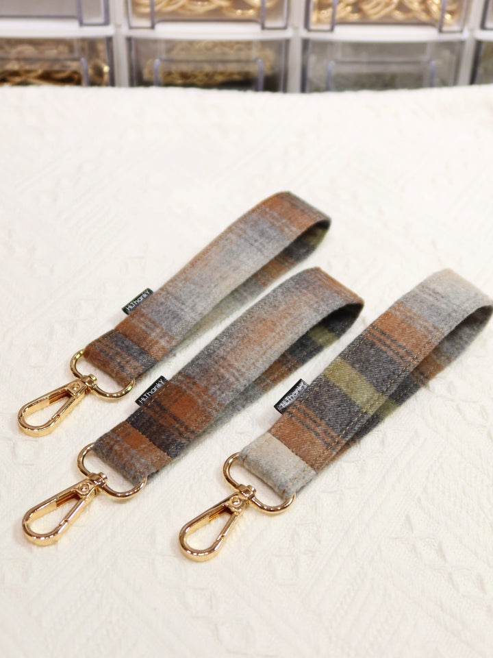 Wristlet Keychains | Brown Plaid Fabric Keychains