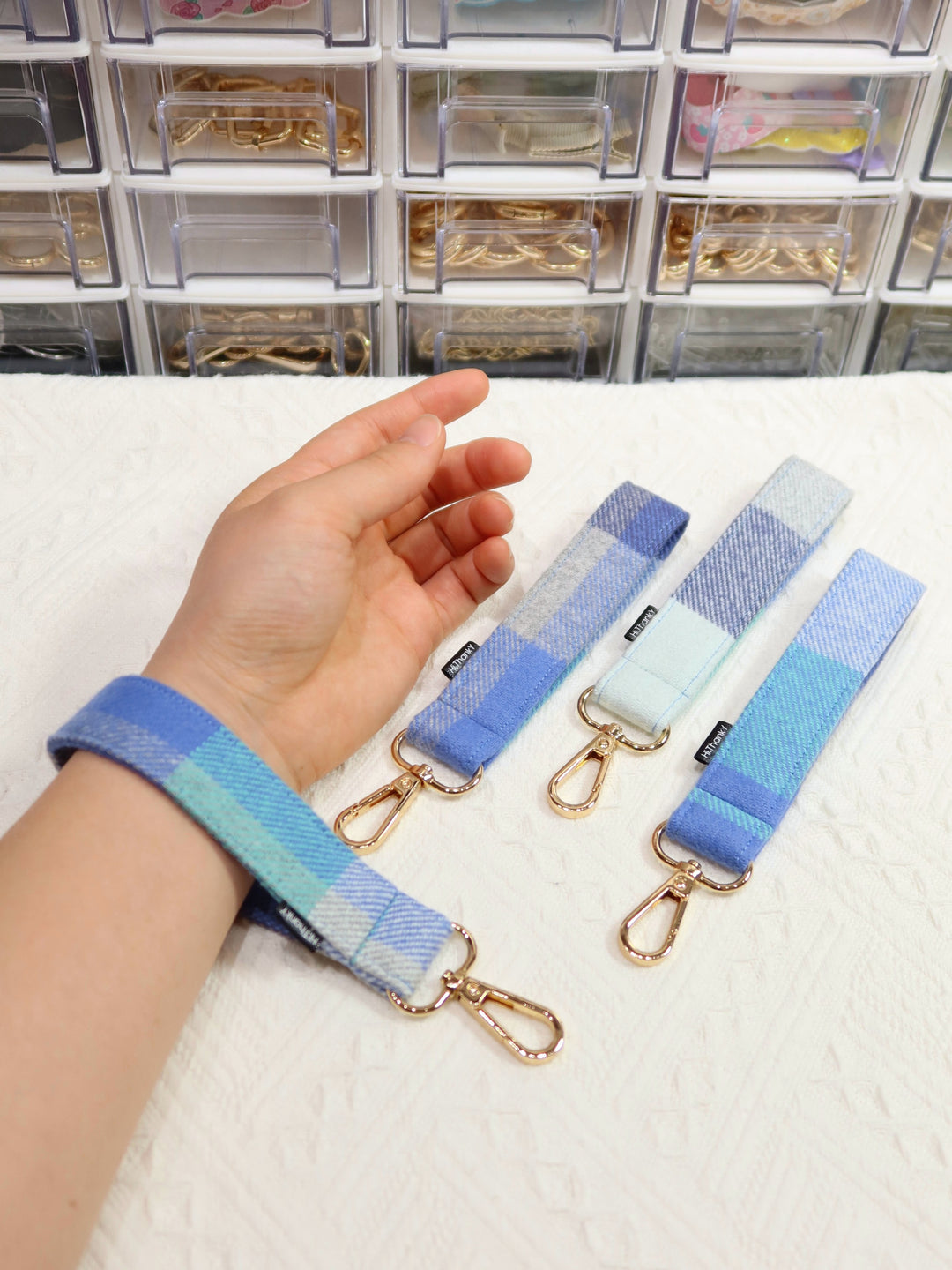 Wristlet Keychains | Blue Plaid Fabric Keychains