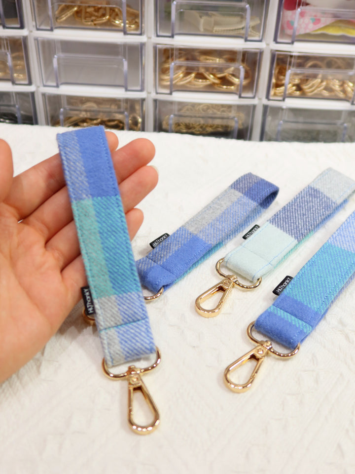 Wristlet Keychains | Blue Plaid Fabric Keychains